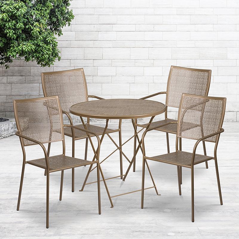 Flash Furniture 30'' Round Gold Indoor-Outdoor Steel Folding Patio Table Set with 4 Square Back Chairs - CO-30RDF-02CHR4-GD-GG