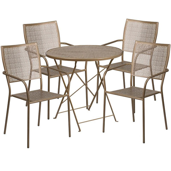Flash Furniture 30'' Round Gold Indoor-Outdoor Steel Folding Patio Table Set with 4 Square Back Chairs - CO-30RDF-02CHR4-GD-GG