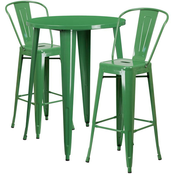Flash Furniture 30'' Round Green Metal Indoor-Outdoor Bar Table Set with 2 Cafe Stools - CH-51090BH-2-30CAFE-GN-GG