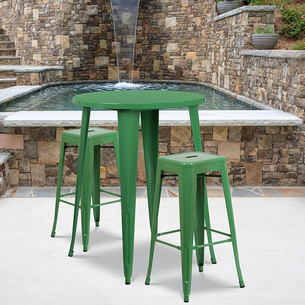 Flash Furniture 30'' Round Green Metal Indoor-Outdoor Bar Table Set with 2 Square Seat Backless Stools - CH-51090BH-2-30SQST-GN-GG