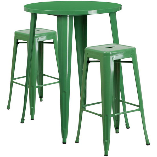 Flash Furniture 30'' Round Green Metal Indoor-Outdoor Bar Table Set with 2 Square Seat Backless Stools - CH-51090BH-2-30SQST-GN-GG