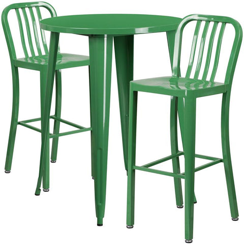 Flash Furniture 30'' Round Green Metal Indoor-Outdoor Bar Table Set with 2 Vertical Slat Back Stools - CH-51090BH-2-30VRT-GN-GG