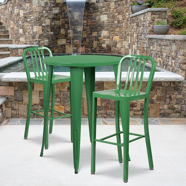 Flash Furniture 30'' Round Green Metal Indoor-Outdoor Bar Table Set with 2 Vertical Slat Back Stools - CH-51090BH-2-30VRT-GN-GG