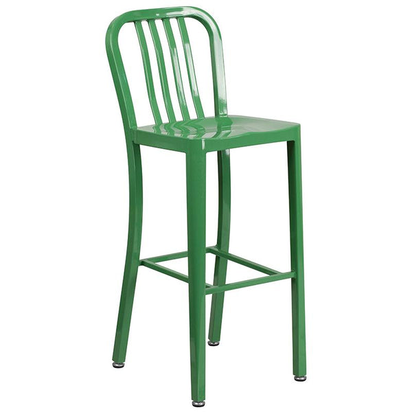 Flash Furniture 30'' Round Green Metal Indoor-Outdoor Bar Table Set with 2 Vertical Slat Back Stools - CH-51090BH-2-30VRT-GN-GG