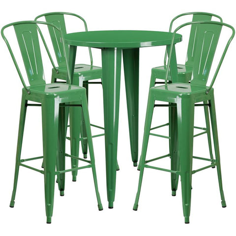 Flash Furniture 30'' Round Green Metal Indoor-Outdoor Bar Table Set with 4 Cafe Stools - CH-51090BH-4-30CAFE-GN-GG