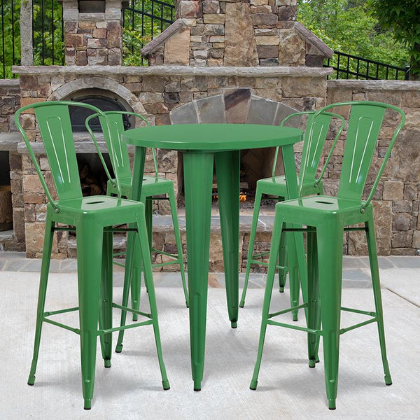 Flash Furniture 30'' Round Green Metal Indoor-Outdoor Bar Table Set with 4 Cafe Stools - CH-51090BH-4-30CAFE-GN-GG