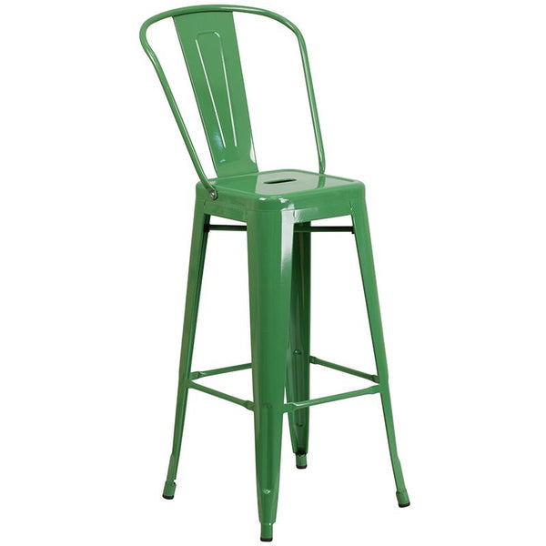 Flash Furniture 30'' Round Green Metal Indoor-Outdoor Bar Table Set with 4 Cafe Stools - CH-51090BH-4-30CAFE-GN-GG