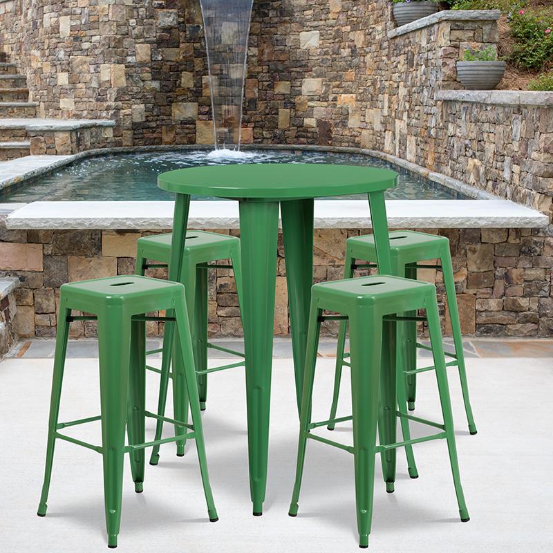 Flash Furniture 30'' Round Green Metal Indoor-Outdoor Bar Table Set with 4 Square Seat Backless Stools - CH-51090BH-4-30SQST-GN-GG