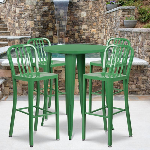 Flash Furniture 30'' Round Green Metal Indoor-Outdoor Bar Table Set with 4 Vertical Slat Back Stools - CH-51090BH-4-30VRT-GN-GG