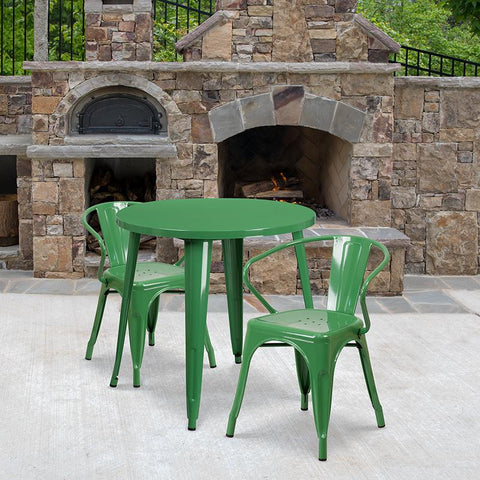 Flash Furniture 30'' Round Green Metal Indoor-Outdoor Table Set with 2 Arm Chairs - CH-51090TH-2-18ARM-GN-GG