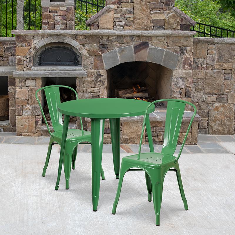 Flash Furniture 30'' Round Green Metal Indoor-Outdoor Table Set with 2 Cafe Chairs - CH-51090TH-2-18CAFE-GN-GG