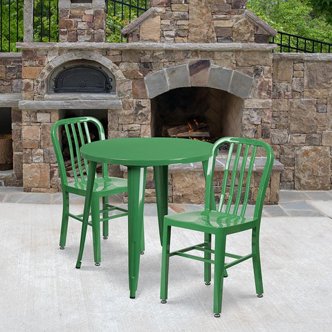 Flash Furniture 30'' Round Green Metal Indoor-Outdoor Table Set with 2 Vertical Slat Back Chairs - CH-51090TH-2-18VRT-GN-GG