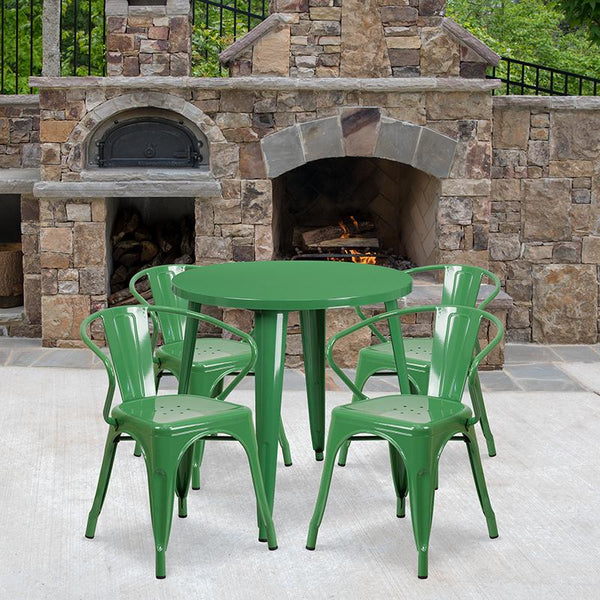 Flash Furniture 30'' Round Green Metal Indoor-Outdoor Table Set with 4 Arm Chairs - CH-51090TH-4-18ARM-GN-GG