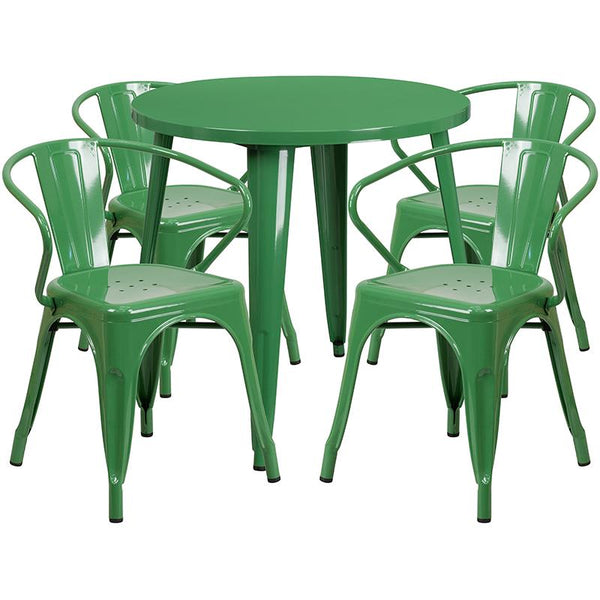 Flash Furniture 30'' Round Green Metal Indoor-Outdoor Table Set with 4 Arm Chairs - CH-51090TH-4-18ARM-GN-GG