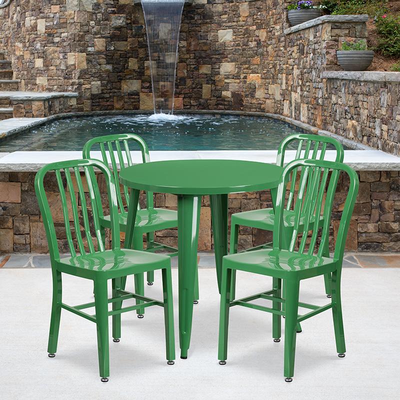 Flash Furniture 30'' Round Green Metal Indoor-Outdoor Table Set with 4 Vertical Slat Back Chairs - CH-51090TH-4-18VRT-GN-GG