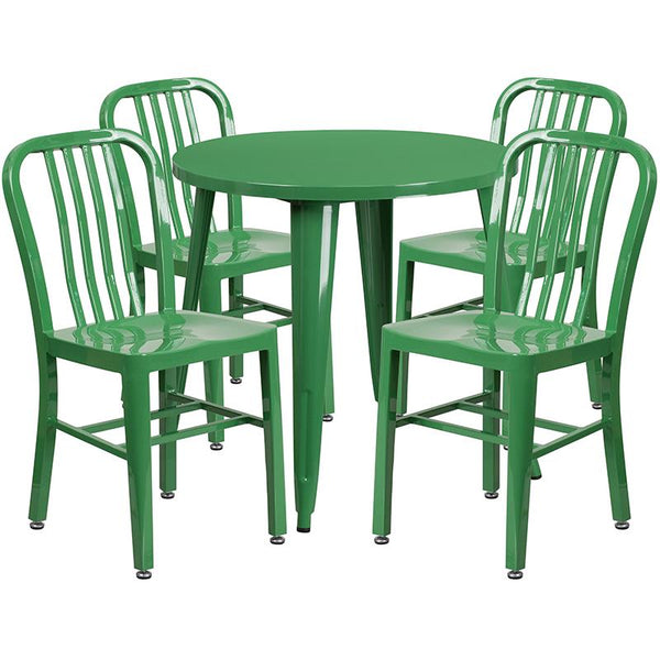 Flash Furniture 30'' Round Green Metal Indoor-Outdoor Table Set with 4 Vertical Slat Back Chairs - CH-51090TH-4-18VRT-GN-GG