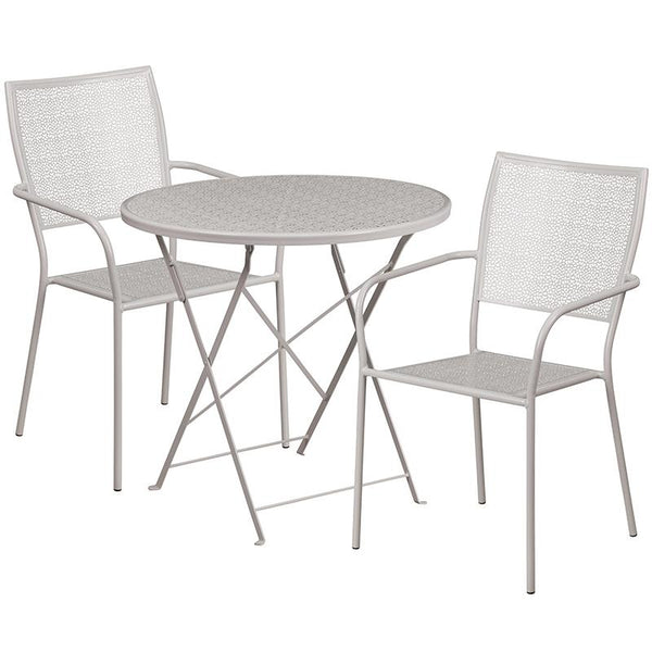 Flash Furniture 30'' Round Light Gray Indoor-Outdoor Steel Folding Patio Table Set with 2 Square Back Chairs - CO-30RDF-02CHR2-SIL-GG