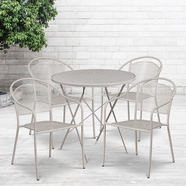 Flash Furniture 30'' Round Light Gray Indoor-Outdoor Steel Folding Patio Table Set with 4 Round Back Chairs - CO-30RDF-03CHR4-SIL-GG