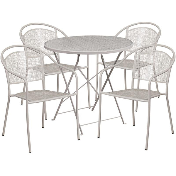 Flash Furniture 30'' Round Light Gray Indoor-Outdoor Steel Folding Patio Table Set with 4 Round Back Chairs - CO-30RDF-03CHR4-SIL-GG
