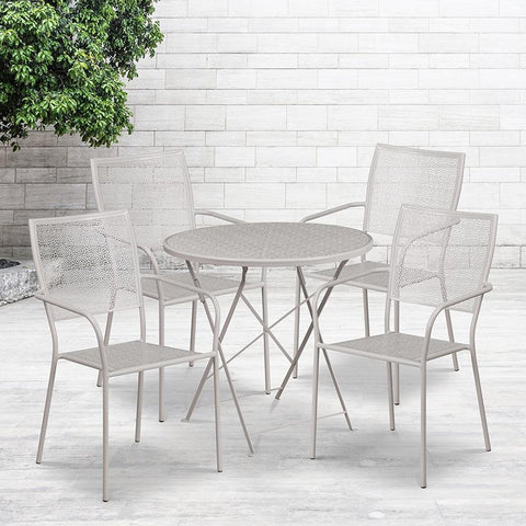 Flash Furniture 30'' Round Light Gray Indoor-Outdoor Steel Folding Patio Table Set with 4 Square Back Chairs - CO-30RDF-02CHR4-SIL-GG