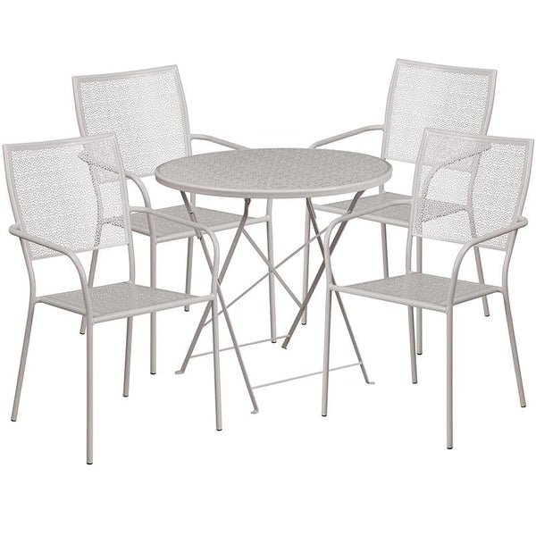 Flash Furniture 30'' Round Light Gray Indoor-Outdoor Steel Folding Patio Table Set with 4 Square Back Chairs - CO-30RDF-02CHR4-SIL-GG