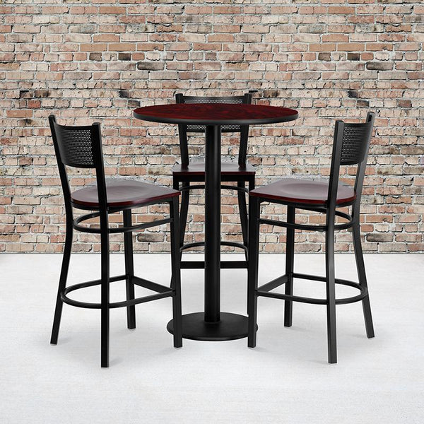 Flash Furniture 30'' Round Mahogany Laminate Table Set with 3 Grid Back Metal Barstools - Mahogany Wood Seat - MD-0017-GG