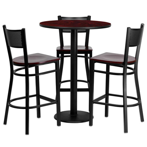 Flash Furniture 30'' Round Mahogany Laminate Table Set with 3 Grid Back Metal Barstools - Mahogany Wood Seat - MD-0017-GG