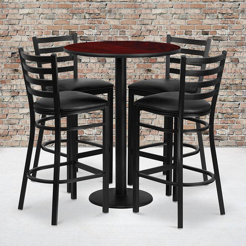 Flash Furniture 30'' Round Mahogany Laminate Table Set with Round Base and 4 Ladder Back Metal Barstools - Black Vinyl Seat - RSRB1022-GG