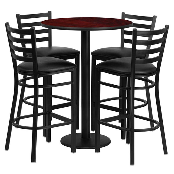 Flash Furniture 30'' Round Mahogany Laminate Table Set with Round Base and 4 Ladder Back Metal Barstools - Black Vinyl Seat - RSRB1022-GG