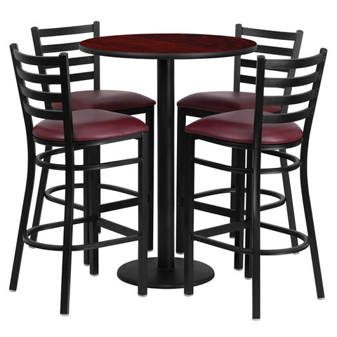 Flash Furniture 30'' Round Mahogany Laminate Table Set with Round Base and 4 Ladder Back Metal Barstools - Burgundy Vinyl Seat - RSRB1026-GG