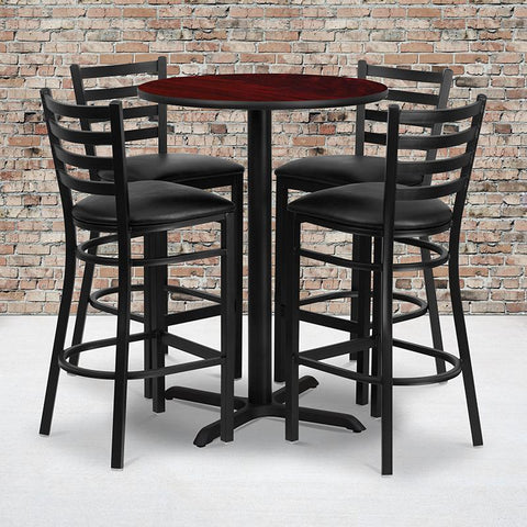 Flash Furniture 30'' Round Mahogany Laminate Table Set with X-Base and 4 Ladder Back Metal Barstools - Black Vinyl Seat - HDBF1022-GG