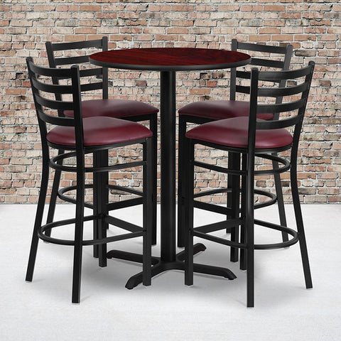 Flash Furniture 30'' Round Mahogany Laminate Table Set with X-Base and 4 Ladder Back Metal Barstools - Burgundy Vinyl Seat - HDBF1026-GG