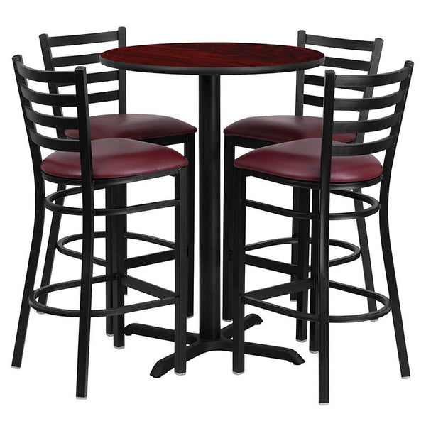 Flash Furniture 30'' Round Mahogany Laminate Table Set with X-Base and 4 Ladder Back Metal Barstools - Burgundy Vinyl Seat - HDBF1026-GG