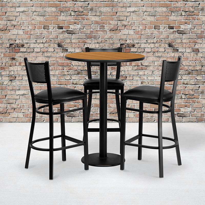 Flash Furniture 30'' Round Natural Laminate Table Set with 3 Grid Back Metal Barstools - Black Vinyl Seat - MD-0016-GG