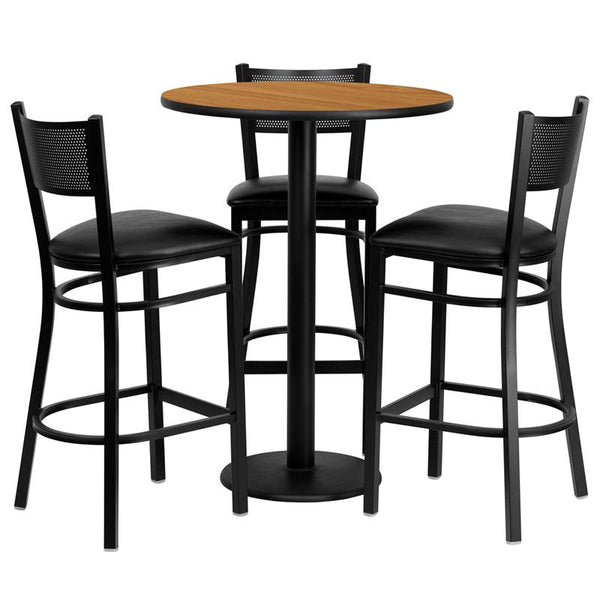 Flash Furniture 30'' Round Natural Laminate Table Set with 3 Grid Back Metal Barstools - Black Vinyl Seat - MD-0016-GG