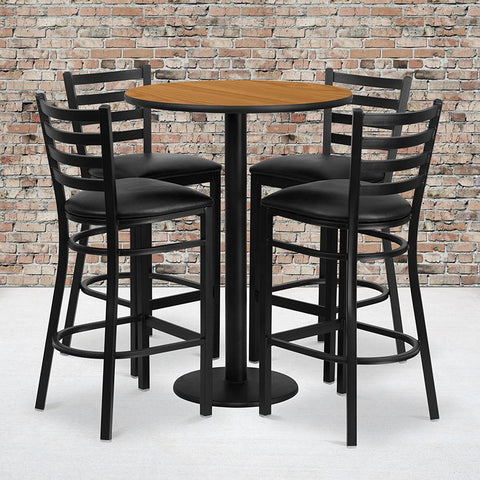 Flash Furniture 30'' Round Natural Laminate Table Set with Round Base and 4 Ladder Back Metal Barstools - Black Vinyl Seat - RSRB1023-GG