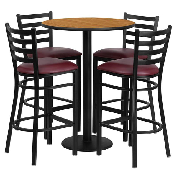 Flash Furniture 30'' Round Natural Laminate Table Set with Round Base and 4 Ladder Back Metal Barstools - Burgundy Vinyl Seat - RSRB1027-GG