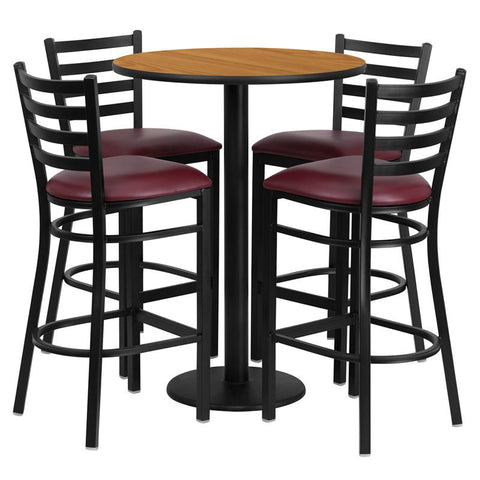 Flash Furniture 30'' Round Natural Laminate Table Set with Round Base and 4 Ladder Back Metal Barstools - Burgundy Vinyl Seat - RSRB1027-GG