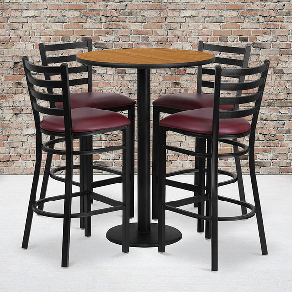 Flash Furniture 30'' Round Natural Laminate Table Set with Round Base and 4 Ladder Back Metal Barstools - Burgundy Vinyl Seat - RSRB1027-GG