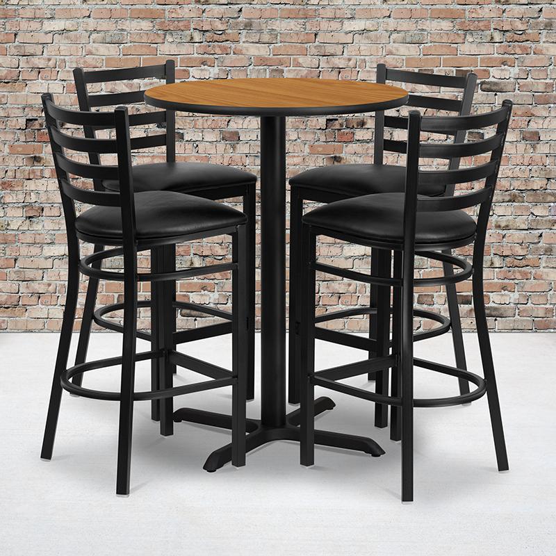 Flash Furniture 30'' Round Natural Laminate Table Set with X-Base and 4 Ladder Back Metal Barstools - Black Vinyl Seat - HDBF1023-GG