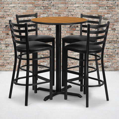 Flash Furniture 30'' Round Natural Laminate Table Set with X-Base and 4 Ladder Back Metal Barstools - Black Vinyl Seat - HDBF1023-GG