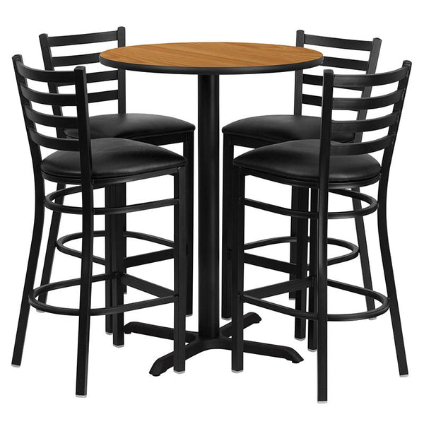 Flash Furniture 30'' Round Natural Laminate Table Set with X-Base and 4 Ladder Back Metal Barstools - Black Vinyl Seat - HDBF1023-GG