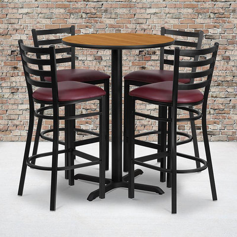 Flash Furniture 30'' Round Natural Laminate Table Set with X-Base and 4 Ladder Back Metal Barstools - Burgundy Vinyl Seat - HDBF1027-GG