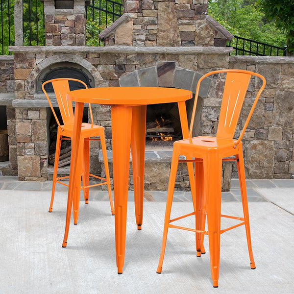 Flash Furniture 30'' Round Orange Metal Indoor-Outdoor Bar Table Set with 2 Cafe Stools - CH-51090BH-2-30CAFE-OR-GG