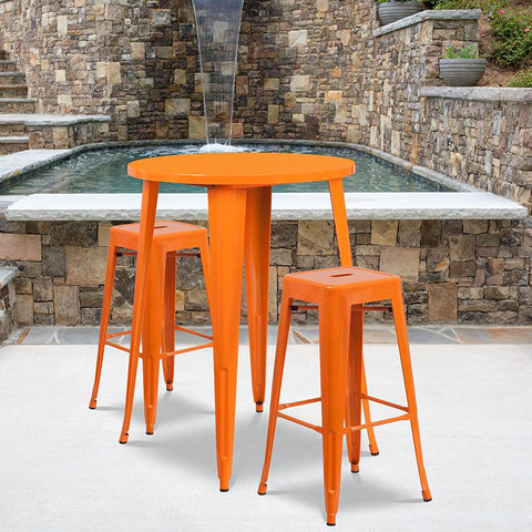 Flash Furniture 30'' Round Orange Metal Indoor-Outdoor Bar Table Set with 2 Square Seat Backless Stools - CH-51090BH-2-30SQST-OR-GG