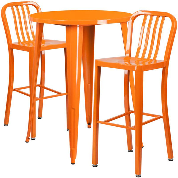 Flash Furniture 30'' Round Orange Metal Indoor-Outdoor Bar Table Set with 2 Vertical Slat Back Stools - CH-51090BH-2-30VRT-OR-GG