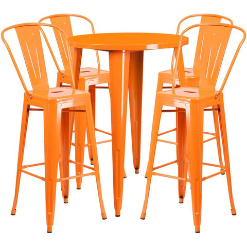 Flash Furniture 30'' Round Orange Metal Indoor-Outdoor Bar Table Set with 4 Cafe Stools - CH-51090BH-4-30CAFE-OR-GG