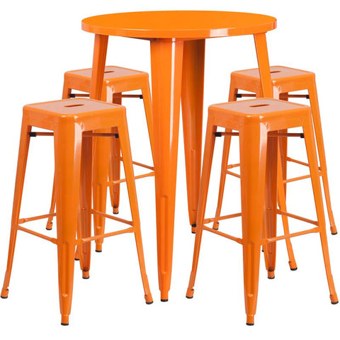 Flash Furniture 30'' Round Orange Metal Indoor-Outdoor Bar Table Set with 4 Square Seat Backless Stools - CH-51090BH-4-30SQST-OR-GG