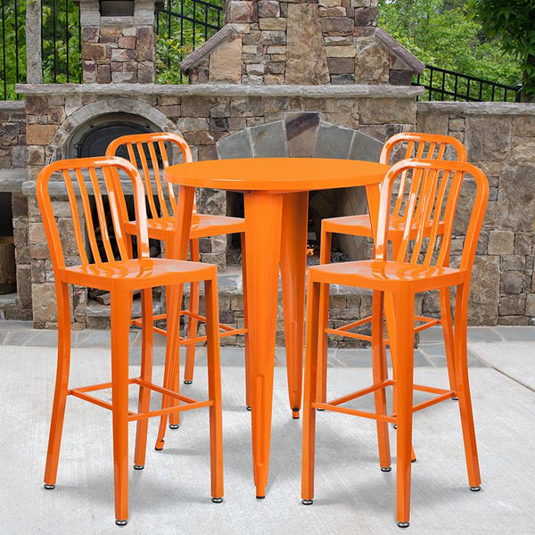 Flash Furniture 30'' Round Orange Metal Indoor-Outdoor Bar Table Set with 4 Vertical Slat Back Stools - CH-51090BH-4-30VRT-OR-GG