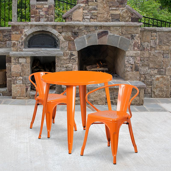 Flash Furniture 30'' Round Orange Metal Indoor-Outdoor Table Set with 2 Arm Chairs - CH-51090TH-2-18ARM-OR-GG